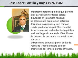 José López Portillo y Rojas 1976-1982
Importante reforma política que permite
a los partidos minoritarios colocar
diputados en la cámara nacional.
Se promovió la explotación petrolera
llegando a posicionar al país como el
cuarto productor de petróleo mundial.
Se incrementa el endeudamiento público
nacional llegando a mas de 100 millones
de dólares. Se decreta la nacionalización
bancaria.
Enfrentó una denuncia por el delito de
Peculado (robo de dinero público)
promovido por Ignacio Burgoa Orihuela.
 