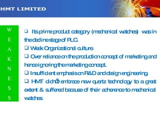 Its prime product category (mechanical watches)  was in the decline stage of PLC. Weak Organizational culture. Over reliance on the production concept of marketing and hence ignoring the marketing concept. Insufficient emphasis on R&D and design engineering. HMT didn’t embrace new quartz technology to a great extent & suffered because of their adherence to mechanical watches. W E A K N E S S 