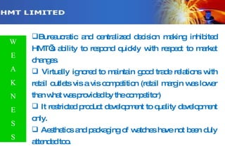 Contd… Bureaucratic and centralized decision making inhibited HMT’s ability to respond quickly with respect to market changes. Virtually ignored to maintain good trade relations with retail outlets vis a vis competition (retail margin was lower than what was provided by the competitor)  It restricted product development to quality development only. Aesthetics and packaging of watches have not been duly attended too. W E A K N E S S 