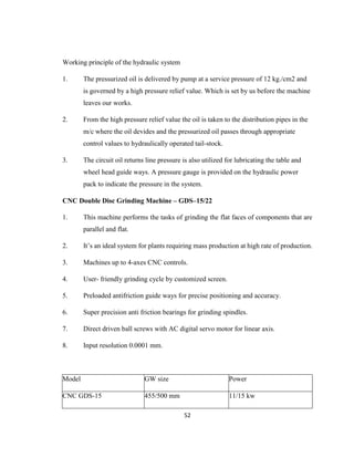 Working principle of the hydraulic system
1.

The pressurized oil is delivered by pump at a service pressure of 12 kg./cm2 and
is governed by a high pressure relief value. Which is set by us before the machine
leaves our works.

2.

From the high pressure relief value the oil is taken to the distribution pipes in the
m/c where the oil devides and the pressurized oil passes through appropriate
control values to hydraulically operated tail-stock.

3.

The circuit oil returns line pressure is also utilized for lubricating the table and
wheel head guide ways. A pressure gauge is provided on the hydraulic power
pack to indicate the pressure in the system.

CNC Double Disc Grinding Machine – GDS–15/22
1.

This machine performs the tasks of grinding the flat faces of components that are
parallel and flat.

2.

It’s an ideal system for plants requiring mass production at high rate of production.

3.

Machines up to 4-axes CNC controls.

4.

User- friendly grinding cycle by customized screen.

5.

Preloaded antifriction guide ways for precise positioning and accuracy.

6.

Super precision anti friction bearings for grinding spindles.

7.

Direct driven ball screws with AC digital servo motor for linear axis.

8.

Input resolution 0.0001 mm.

Model

GW size

Power

CNC GDS-15

455/500 mm

11/15 kw
52

 