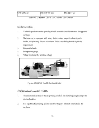 CNC GDS-22

585/660/760 mm

18.5/22/37 kw

Table no. (2.8) Main Data of CNC Double Disc Grinder

Special executions
1.

Variable speed drivers for grinding wheels suitable for different areas on opposite
surfaces.

2.

Machine can be equipped with rotary feeder, rotary magnetic plate through
feeder, reciprocating feeder, swivel arm feeder, oscillating feeder as per the
requirement.

3.

Diamond wheels.

4.

Post process guage.

5.

Wheel positioner for grinding wheel.

Fig. no. (2.6) CNC Double Surface Grinder

CNC Grinding Center (GC 175/225)
1.

This machine is a state of the art grinding solution for multipurpose grinding with
single chucking.

2.

It is capable of delivering ground finish to the job’s internal, external and flat
surfaces.

53

 