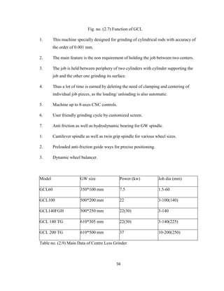 Fig. no. (2.7) Function of GCL
1.

This machine specially designed for grinding of cylindrical rods with accuracy of
the order of 0.001 mm.

2.

The main feature is the non requirement of holding the job between two centers.

3.

The job is held between periphery of two cylinders with cylinder supporting the
job and the other one grinding its surface.

4.

Thus a lot of time is earned by deleting the need of clamping and centering of
individual job pieces, as the loading/ unloading is also automatic.

5.

Machine up to 8-axes CNC controls.

6.

User friendly grinding cycle by customized screen.

7.

Anti friction as well as hydrodynamic bearing for GW spindle.

1.

Cantilever spindle as well as twin grip spindle for various wheel sizes.

2.

Preloaded anti-friction guide ways for precise positioning.

3.

Dynamic wheel balancer.

Model

GW size

Power (kw)

Job dia (mm)

GCL60

350*100 mm

7.5

1.5-60

GCL100

500*200 mm

22

3-100(140)

GCL140FGH

500*250 mm

22(30)

3-140

GCL 140 TG

610*305 mm

22(30)

3-140(225)

GCL 200 TG

610*500 mm

37

10-200(250)

Table no. (2.9) Main Data of Centre Less Grinder

56

 