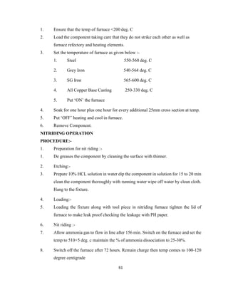 1.

Ensure that the temp of furnace <200 deg. C

2.

Load the component taking care that they do not strike each other as well as
furnace refectory and heating elements.

3.

Set the temperature of furnace as given below :1.

Steel

550-560 deg. C

2.

Grey Iron

540-564 deg. C

3.

SG Iron

565-600 deg. C

4.

All Copper Base Casting

250-330 deg. C

5.

Put ‘ON’ the furnace

4.

Soak for one hour plus one hour for every additional 25mm cross section at temp.

5.

Put ‘OFF’ heating and cool in furnace.

6.

Remove Component.

NITRIDING OPERATION
PROCEDURE:1.

Preparation for nit riding :-

1.

De greases the component by cleaning the surface with thinner.

2.

Etching:-

3.

Prepare 10% HCL solution in water dip the component in solution for 15 to 20 min
clean the component thoroughly with running water wipe off water by clean cloth.
Hang to the fixture.

4.

Loading:-

5.

Loading the fixture along with tool piece in nitriding furnace tighten the lid of
furnace to make leak proof checking the leakage with PH paper.

6.

Nit riding :-

7.

Allow ammonia gas to flow in line after 156 min. Switch on the furnace and set the
temp to 510+5 deg. c maintain the % of ammonia dissociation to 25-30%.

8.

Switch off the furnace after 72 hours. Remain charge then temp comes to 100-120
degree centigrade
61

 