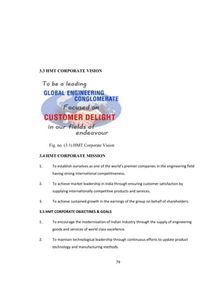 3.3 HMT CORPORATE VISION

Fig. no. (3.1) HMT Corporate Vision
3.4 HMT CORPORATE MISSION
1.

To establish ourselves as one of the world’s premier companies in the engineering field
having strong international competitiveness.

2.

To achieve market leadership in India through ensuring customer satisfaction by
supplying internationally competitive products and services.

3.

To achieve sustained growth in the earnings of the group on behalf of shareholders.

3.5 HMT CORPORATE OBJECTINES & GOALS
1.

To encourage the modernisation of Indian Industry through the supply of engineering
goods and services of world class excellence.

2.

To maintain technological leadership through continuous efforts to update product
technology and manufacturing methods.

79

 