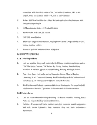 established with the collaboration of the Czechoslovakian firms, M/s Skoda
Export, Praha and German firmWMW, then in East Germany.
9.

Today, HMT is a Multi-Product, Multi Technology Engineering Complex with
strengths comprising of:

1.

16 Manufacturing Units / 22 Product Division

2.

Assets Worth over US$ 250 Million

3.

ISO-9000 accreditation

4.

The widest range of machine tools, ranging from General- purpose lathes to CNC
turning machine centers.

5.

Source of qualified and experienced Manpower.

1.2 COMPANY PROFILE
1.2.1 Technological base
1.

Unit has Machine Shops well equipped with 186 nos. precision machines, such as
CNC Machining Centres, CNC Lathes, Jig Boring, Honing, Superfinishing
Machines & different types & sizes of Grinding, Planing, Milling & Lathes.

2.

Apart from these, Unit is also having Measuring Centre, Material Testing
Laboratory, CAD Centre and Foundry. The Unit has highly skilled and dedicated
work force of 380 employees (101 Officers and 278 Workers).

3.

The Unit has qualified and experienced Design & Engineering Personnel to fulfil
requirement of Business Operations to the entire satisfaction of customers.

1.2.2 Factory layout
1.

Unit has two workshop Buildings-Building 1-1 Houses assembly, Painting, heavy
Parts, and High technology centre and test floor.

2.

Building1-2 houses small parts, medium parts, tool room and special accessories,
tool crib, tractor hydraulics, heat treatment shop and plant maintenance
departments.
8

 