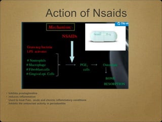 Action of Nsaids
• Inhibits prostaglandins
• reduces inflammation
Used to treat Pain, acute and chronic inflammatory conditions
Inhibits the osteoclast activity in periodontitis
 