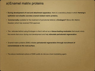 a)Enamel matrix proteins
• During development of root and attachment apparatus, there is a secretory phase in which Hertwig’s
epithelial root sheaths secretes enamel-related matrix proteins.
• Commercially available for the treatment of periodontal defects is Emdogain® (Biora AB, Malmö,
Sweden) which has received FDA approval.
• The rationale behind using Emdogain is that it will act as a tissue-healing modulator that would mimic
the events that occur during root development and help stimulate periodontal regeneration.
• Enamel matrix proteins (EMD) initiates periodontal regeneration through recruitment of
cementoblasts to the root-surface.
• The above mentioned actions of EMD justify its role as a host modulating agent.
 