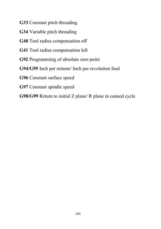 G33 Constant pitch threading
G34 Variable pitch threading
G40 Tool radius compensation off
G41 Tool radius compensation left
G92 Programming of absolute zero point
G94/G95 Inch per minute/ Inch per revolution feed
G96 Constant surface speed
G97 Constant spindle speed
G98/G99 Return to initial Z plane/ R plane in canned cycle

[28]

 