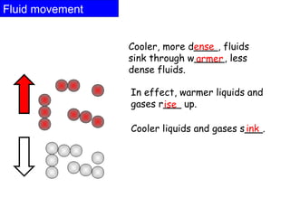 Fluid movement
Cooler, more d____, fluids
sink through w_____, less
dense fluids.
In effect, warmer liquids and
gases r___ up.
Cooler liquids and gases s___.
ense
armer
ise
ink
 