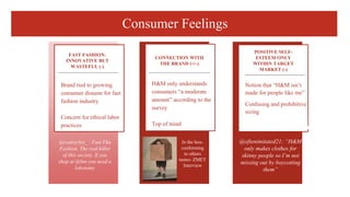 Consumer Feelings
Brand tied to growing
consumer distaste for fast
fashion industry
Concern for ethical labor
practices
FAST FASHION:
INNOVATIVE BUT
WASTEFUL (-)
POSITIVE SELF-
ESTEEM ONLY
WITHIN TARGET
MARKET (-)
Notion that “H&M isn’t
made for people like me”
Confusing and prohibitive
sizing
CONNECTION WITH
THE BRAND (+/-)
H&M only understands
consumers “a moderate
amount” according to the
survey
Top of mind
@oftenimitated21: “H&M
only makes clothes for
skinny people so I’m not
missing out by boycotting
them”
@realstylist_ : Fast Fkn
Fashion. The real killer
of this society. If you
shop at @hm you need a
lobotomy
In the box-
conforming
to others
tastes- ZMET
Interview
 