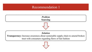 Recommendation 1
Problem
Sourcing
Solution
Transparency: Increase awareness about sustainable supply chain to amend broken
trust with consumers regarding flaws of fast fashion
 
