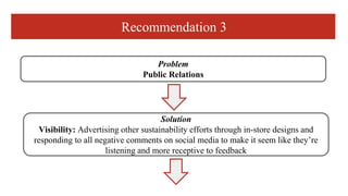 Recommendation 3
Problem
Public Relations
Solution
Visibility: Advertising other sustainability efforts through in-store designs and
responding to all negative comments on social media to make it seem like they’re
listening and more receptive to feedback
 