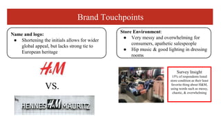 Brand Touchpoints
VS.
Survey Insight
15% of respondents listed
store condition as their least
favorite thing about H&M,
using words such as messy,
chaotic, & overwhelming
Store Environment:
● Very messy and overwhelming for
consumers, apathetic salespeople
● Hip music & good lighting in dressing
rooms
Name and logo:
● Shortening the initials allows for wider
global appeal, but lacks strong tie to
European heritage
 