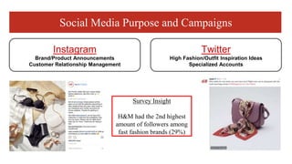 Social Media Purpose and Campaigns
Survey Insight
H&M had the 2nd highest
amount of followers among
fast fashion brands (29%)
Instagram
Brand/Product Announcements
Customer Relationship Management
Twitter
High Fashion/Outfit Inspiration Ideas
Specialized Accounts
 