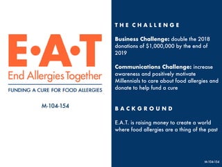 T H E C H A L L E N G E 
 
Business Challenge: double the 2018
donations of $1,000,000 by the end of
2019
 
Communications Challenge: increase
awareness and positively motivate
Millennials to care about food allergies and
donate to help fund a cure
 
 
B A C K G R O U N D
 
E.A.T. is raising money to create a world
where food allergies are a thing of the past
M-104-154
M-104-154
 