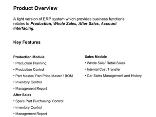 Product Overview A light version of ERP system which provides business functions relates to  Production ,  Whole Sales ,  After Sales ,  Account Interfacing. ,[object Object],[object Object],[object Object],[object Object],[object Object],[object Object],[object Object],[object Object],[object Object],[object Object],[object Object],[object Object],[object Object],[object Object],[object Object]