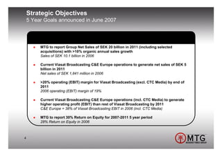 Strategic Objectives
    5 Year Goals announced in June 2007




         MTG to report Group Net Sales of SEK 20 billion in 2011 (including selected
         acquisitions) with >10% organic annual sales growth
         Sales of SEK 10.1 billion in 2006

         Current Viasat Broadcasting C&E Europe operations to generate net sales of SEK 5
         billion in 2011
         Net sales of SEK 1,841 million in 2006

         >20% operating (EBIT) margin for Viasat Broadcasting (excl. CTC Media) by end of
         2011
         2006 operating (EBIT) margin of 19%

         Current Viasat Broadcasting C&E Europe operations (incl. CTC Media) to generate
         higher operating profit (EBIT) than rest of Viasat Broadcasting by 2011
         C&E Europe = 38% of Viasat Broadcasting EBIT in 2006 (incl. CTC Media)

         MTG to report 30% Return on Equity for 2007-2011 5 year period
         28% Return on Equity in 2006



4
 