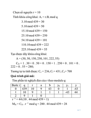 pg. 8
Chọn số nguyên r = 10
Tính khóa công khai: Ai = r.Bi mod q
3.10 mod 439 = 30
5.10 mod 439 = 50
15.10 mod 439 = 150
25.10 mod 439 = 250
54.10 mod 439 = 101
110.10mod 439 = 222
225.10mod 439 = 55
Tạo được dãy khóa công khai:
A = (30, 50, 150, 250, 101, 222, 55)
CH = 1 . 30 + 0 . 50 + 0 . 150 + 1 . 250 + 0 . 101 + 0 .
222 + 0 . 55 = 280;
Tương tự ta tính được: Ce = 236, Cl = 431, Co= 708
Quá trình giải mã:
Tìm phần tử nghịch đảo của r theo module q:
Bước i q r a b y0 y1 y
0 439 10 9 43 0 1 -43
1 10 9 1 1 1 -43 44
2 9 1 0
r -1
= 44 (10 . 44 mod 439 = 1)
MH = CH . r -1
mod q = 280 . 44 mod 439 = 28
 
