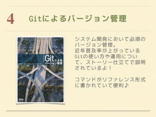 Gitによるバージョン管理4
システム開発において必須の
バージョン管理。
近年普及率が上がっている
Gitの使い方や運用につい
て、ストーリー仕立てで説明
されているよ！
コマンドがリファレンス形式
に書かれていて便利♪
 