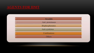 AGENTS FOR HMT
NSAIDS
Anti proteinases
Bisphosphonates
Anti cytokines
Combinations
Others
 