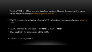 • The first TIMP -- 1975 as a protein, in culture medium of human fibroblasts and in human
serum, which was able to inhibit collagenase activity.
• TIMP-2 regulates the activation of pro-MMP-2 by binding to its c-terminal region.( Ward et al,
1991)
• TIMP-3 Prevents the activation of pro MMP -2 by MT1-MMP.
• It has an affinity for components of the ECM.
• TIMP-4- MMP-14, MMP-2.
 