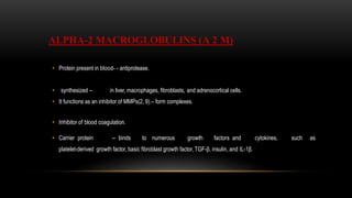 ALPHA-2 MACROGLOBULINS (Α 2 M)
• Protein present in blood- - antiprotease.
• synthesized -- in liver, macrophages, fibroblasts, and adrenocortical cells.
• It functions as an inhibitor of MMPs(2, 9).– form complexes.
• Inhibitor of blood coagulation.
• Carrier protein -- binds to numerous growth factors and cytokines, such as
platelet-derived growth factor, basic fibroblast growth factor, TGF-β, insulin, and IL-1β.
 