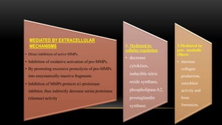 MEDIATED BY EXTRACELLULAR
MECHANISMS
• Direct inhibition of active MMPs.
• Inhibition of oxidative activation of pro-MMPs.
• By promoting excessive proteolysis of pro-MMPs
into enzymatically-inactive fragments.
• Inhibition of MMPs protects α1-proteinase
inhibitor, thus indirectly decrease serine proteinase
(elastase) activity.
2. Mediated by
cellular regulation
• decrease
cytokines,
inducible nitric
oxide synthase,
phospholipaseA2,
prostaglandin
synthase.
3.Mediated by
pro- anabolic
effects
• increase
collagen
production,
osteoblast
activity and
bone
formation.
 