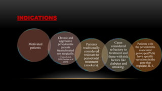 INDICATIONS
Motivated
patients
Chronic and
aggressive
periodontitis
patients
treatedtreated
non surgically.
(Caton J et al,
2000,Preshaw et al
2005)
Patients
traditionally
considered
resistant to
periodontal
treatment
(smokers).
Cases
considered
refractory to
treatment and
those with risk
factors like
diabetes and
smoking.
Patients with
the periodontitis
associated
genotype (PAG)
have specific
variations in the
gene that
regulates IL-1.
 