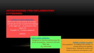 ANTAGONISING PRO-INFLAMMATORY
CYTOKINES:
Cytokine receptor antagonists –
Bind to the receptor present on the target
cell and prevent the cytokine from binding
to the target cell. -- no activation of the
target cell.
Example: IL-1 receptor antagonist,
anakinra
Soluble cytokine receptors
Downregulation – by binding to the cytokine in
solution and prevent signaling.
Transactivation - binding the cytokine and
blocks on otherwise non-responsive cells.
Anti-cytokine antibodies
Antagonist in function and decrease the
levels of cytokines. (Anti IL-6 Ab,Anti
TNF-Ab)
Eg. infliximab
 