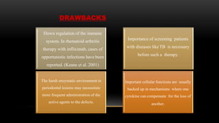 Down regulation of the immune
system. In rhematoid arthritis
therapy with infliximab, cases of
opportunistic infections have been
reported. (Keane et al. 2001)
Importance of screening patients
with diseases likeTB is necessary
before such a therapy.
The harsh enzymatic environment in
periodontal lesions may necessitate
more frequent administration of the
active agents to the defects.
Important cellular functions are usually
backed up in mechanisms where one
cytokine can compensate for the loss of
another.
DRAWBACKS
 