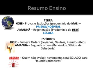 TERRA
HOJE– Provas e Expiações (predomínio do MAL) –
PRISÃO/HOSPITAL
AMANHÃ – Regeneração (Predomínio do BEM)
ESCOLA
ESPÍRITOS
HOJE – Terceira Ordem (Levianos, Neutros, Pseudo-sábios)
AMANHÃ – Segunda ordem (Benévolos, Sábios, de
Sabedoria)
ALERTA – Quem não evoluir, novamente, será EXILADO para
“mundos primitivos”
 