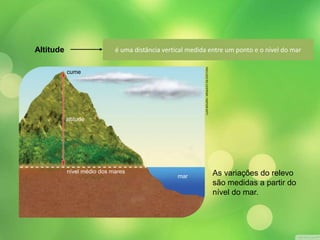 Altitude é uma distância vertical medida entre um ponto e o nível do mar 
As variações do relevo 
são medidas a partir do 
nível do mar. 
mar 
cume 
altitude 
nível médio dos mares 
LUIS MOURA / ARQUIVO DA EDITORA 
 