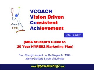 VCOACH
         Vision Driven
         Consistent
         Achievement
                                          2011 Edition

    (MBA Student’s Guide to
20 Year HYPER2 Marketing Plan)

Prof. Remigio Joseph A. De Ungria Jr., MBA
     Ateneo Graduate School of Business
 