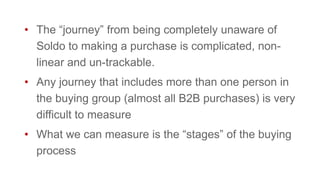 • The “journey” from being completely unaware of
Soldo to making a purchase is complicated, non-
linear and un-trackable.
• Any journey that includes more than one person in
the buying group (almost all B2B purchases) is very
difficult to measure
• What we can measure is the “stages” of the buying
process
 