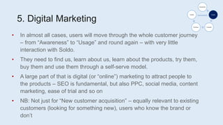 5. Digital Marketing
• In almost all cases, users will move through the whole customer journey
– from “Awareness” to “Usage” and round again – with very little
interaction with Soldo.
• They need to find us, learn about us, learn about the products, try them,
buy them and use them through a self-serve model.
• A large part of that is digital (or “online”) marketing to attract people to
the products – SEO is fundamental, but also PPC, social media, content
marketing, ease of trial and so on
• NB: Not just for “New customer acquisition” – equally relevant to existing
customers (looking for something new), users who know the brand or
don’t
Awareness
Engage
Consider
Purchase
Loyalty
 