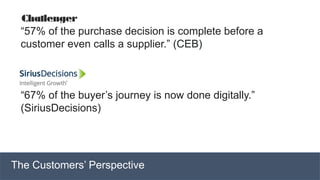 “57% of the purchase decision is complete before a
customer even calls a supplier.” (CEB)
“67% of the buyer’s journey is now done digitally.”
(SiriusDecisions)
The Customers’ Perspective
 