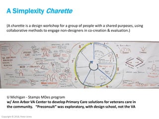 Copyright © 2018, Peter Jones
A Simplexity Charette
(A charette is a design workshop for a group of people with a shared purposes, using
collaborative methods to engage non-designers in co-creation & evaluation.)
U Michigan - Stamps MDes program
w/ Ann Arbor VA Center to develop Primary Care solutions for veterans care in
the community. “Preconsult” was exploratory, with design school, not the VA
 