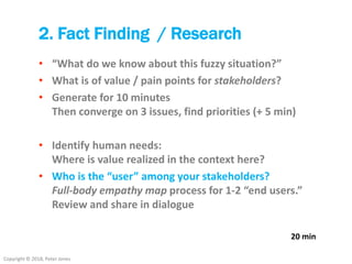 Copyright © 2018, Peter Jones
2. Fact Finding / Research
• “What do we know about this fuzzy situation?”
• What is of value / pain points for stakeholders?
• Generate for 10 minutes
Then converge on 3 issues, find priorities (+ 5 min)
• Identify human needs:
Where is value realized in the context here?
• Who is the “user” among your stakeholders?
Full-body empathy map process for 1-2 “end users.”
Review and share in dialogue
20 min
 