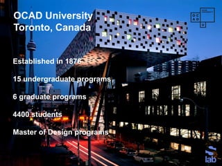 Copyright © 2018, Peter Jones
OCAD University
Toronto, Canada
Established in 1876
15 undergraduate programs
6 graduate programs
4400 students
Master of Design programs
 