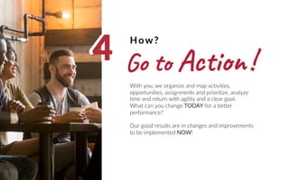 How?
44
With you, we organize and map activities,
opportunities, assignments and prioritize, analyze
time and return with agility and a clear goal:
What can you change TODAY for a better
performance?
Our good results are in changes and improvements
to be implemented NOW!
 