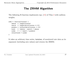 Harmonic Mean Aggregation

Copyright © 2013 Performance Dynamics

The ZRHM Algorithm
The following R function implements e...