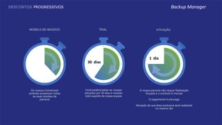 30 dias
Você poderá testar as nossas
soluções por 30 dias e receber
todo suporte da nossa equipe
Os nossos Comerciais
poderão esclarecer todas
as suas dúvidas da
parceria
A nossa parceria não requer fidelização
forçada e o contrato é mensal
O pagamento é pré-pago
Ativação da sua área exclusiva será realizada
no mesmo dia
MODELO DE NEGÓCIO TRIAL ATIVAÇÃO
1 dia
DESCONTOS PROGRESSIVOS Backup Manager
 