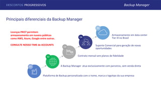 Plataforma de Backup personalizada com o nome, marca e logotipo da sua empresa
A Backup Manager atua exclusivamente com parceiros, sem venda direta
Contrato mensal sem planos de fidelidade
Armazenamento em data center
Tier III no Brasil
01
02
03
05
Principais diferenciais da Backup Manager
04
Suporte Comercial para geração de novas
oportunidades
DESCONTOS PROGRESSIVOS Backup Manager
Licenças PRO7 permitem
armazenamento em nuvens públicas
como AWS, Azure, Google entre outras.
CONSULTE NOSSO TIME de ACCOUNTS
 
