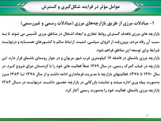 ‫گسترش‬ ‫و‬ ‫گیری‬‫شکل‬ ‫فرایند‬ ‫در‬ ‫مؤثر‬ ‫عوامل‬
1-‫مرزی‬ ‫های‬‫بازارچه‬ ‫طریق‬ ‫از‬ ‫مرزی‬ ‫مبادالت‬(‫غیررسمی‬ ‫و‬ ‫رسمی‬ ‫مبادالت‬)
‫بهه‬ ‫تا‬ ‫شوند‬ ‫می‬ ‫تأسیس‬ ‫مرزی‬ ‫مناطق‬ ‫در‬ ‫اشتغال‬ ‫ایجاد‬ ‫و‬ ‫تجاری‬ ‫روابط‬ ‫گسترش‬ ‫باهدف‬ ‫مرزی‬ ‫های‬ ‫بازارچه‬
‫درنهایهت‬ ‫و‬ ‫همسهایه‬ ‫کشهورهای‬ ‫با‬ ‫سالم‬ ‫ارتباط‬ ،‫امنیت‬ ،‫سیاسی‬ ‫انزوای‬ ‫از‬ ‫رفت‬‫برون‬ ،‫مردم‬ ‫رفاه‬ ‫آن‬ ‫سبب‬
‫شود‬ ‫فراهم‬ ‫مناطق‬ ‫این‬ ‫توسعه‬ ‫برای‬ ‫شرایط‬.
‫فاصله‬ ‫در‬ ‫باشماق‬ ‫مرزی‬ ‫بازارچه‬17‫دارد‬ ‫قرار‬ ‫باشماق‬ ‫روستای‬ ‫جوار‬ ‫در‬ ‫و‬ ‫مریوان‬ ‫شهر‬ ‫غرب‬ ‫کیلومتری‬.‫این‬
‫سال‬ ‫در‬ ،‫رسمی‬ ‫گمرک‬ ‫غیاب‬ ‫در‬ ‫بازارچه‬1369‫کهرد‬ ‫شروع‬ ‫عراق‬ ‫کردستان‬ ‫با‬ ‫را‬ ‫خود‬ ‫های‬ ‫فعالیت‬ ً‫ال‬‫عم‬.‫در‬
‫سال‬1370‫تا‬1378‫سال‬ ‫از‬ ‫و‬ ‫داشت‬ ‫ادامه‬ ‫فرمانداری‬ ‫مدیریت‬ ‫با‬ ‫بازارچه‬ ‫فعالیتهای‬ ،1378‫تها‬1383‫مهرز‬
‫داشهت‬ ‫حضهور‬ ‫بازارچه‬ ‫در‬ ‫بازرگانی‬ ‫نماینده‬ ‫و‬ ‫میشد‬ ‫اداره‬ ‫وری‬ ‫پیله‬ ‫صورت‬‫به‬.‫سهال‬ ‫در‬ ‫درنهایهت‬1383
‫کرد‬ ‫آغاز‬ ‫رسمی‬ ‫صورت‬‫به‬ ‫را‬ ‫خود‬ ‫فعالیت‬ ،‫باشماق‬ ‫مرزی‬ ‫بازارچه‬.
16
 