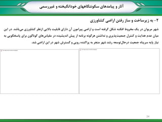 2-‫کشاورزی‬ ‫اراضی‬ ‫رفتن‬ ‫ساز‬ ‫و‬ ‫زیرساخت‬ ‫به‬
‫شهر‬‫مریوان‬‫در‬‫یک‬‫مخروط‬‫افکنه‬‫شکل‬‫گرفته‬‫است‬‫و‬‫اراضی‬‫پیرامون‬‫آن‬‫دارای‬‫قابلیت‬‫باالیی‬‫ازنظر‬‫کشاورزی‬‫باشد‬‫می‬.‫در‬‫این‬
‫میان‬‫عدم‬‫هدایت‬‫و‬‫کنترل‬‫پذیری‬‫جمعیت‬‫و‬‫نداشتن‬‫هرگونه‬‫برنامه‬‫از‬‫پیش‬‫اندیشیده‬‫در‬‫های‬‫مقیاس‬‫گوناگون‬‫برای‬‫پاسخگویی‬‫به‬
‫نیاز‬‫پایه‬‫سرپناه‬‫جمعیت‬‫توسعه‬‫درحال‬‫رشد‬‫شهر‬‫منجر‬‫به‬‫پراکنده‬‫رویی‬‫و‬‫گسترش‬‫شهر‬‫در‬‫این‬‫اراضی‬‫شد‬.
‫غیررسمی‬ ‫و‬ ‫خودانگیخته‬ ‫سکونتگاههای‬ ‫پیامدهای‬ ‫و‬ ‫آثار‬
24
 