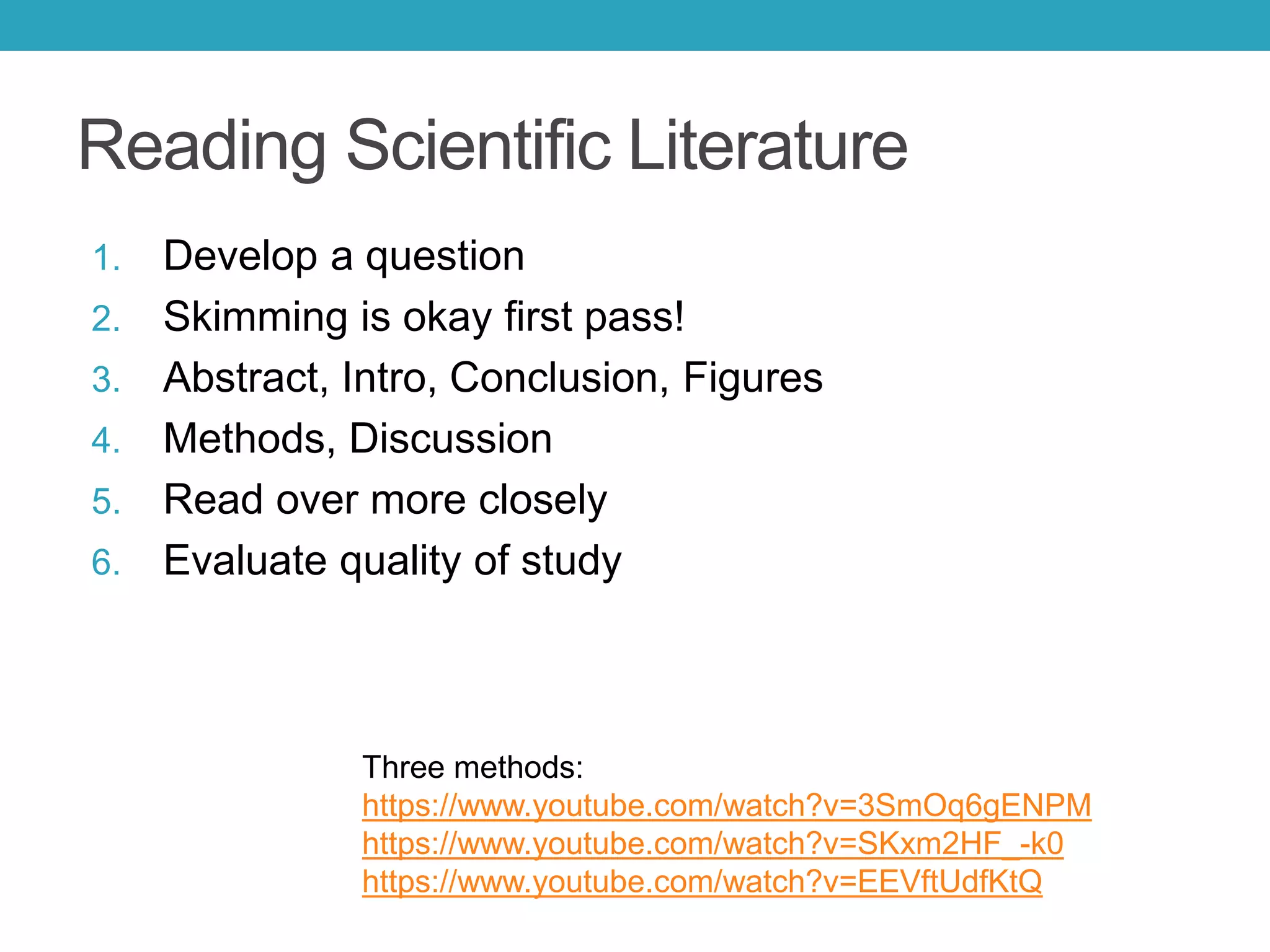 Reading Scientific Literature
1. Develop a question
2. Skimming is okay first pass!
3. Abstract, Intro, Conclusion, Figures
4. Methods, Discussion
5. Read over more closely
6. Evaluate quality of study
Three methods:
https://www.youtube.com/watch?v=3SmOq6gENPM
https://www.youtube.com/watch?v=SKxm2HF_-k0
https://www.youtube.com/watch?v=EEVftUdfKtQ
 