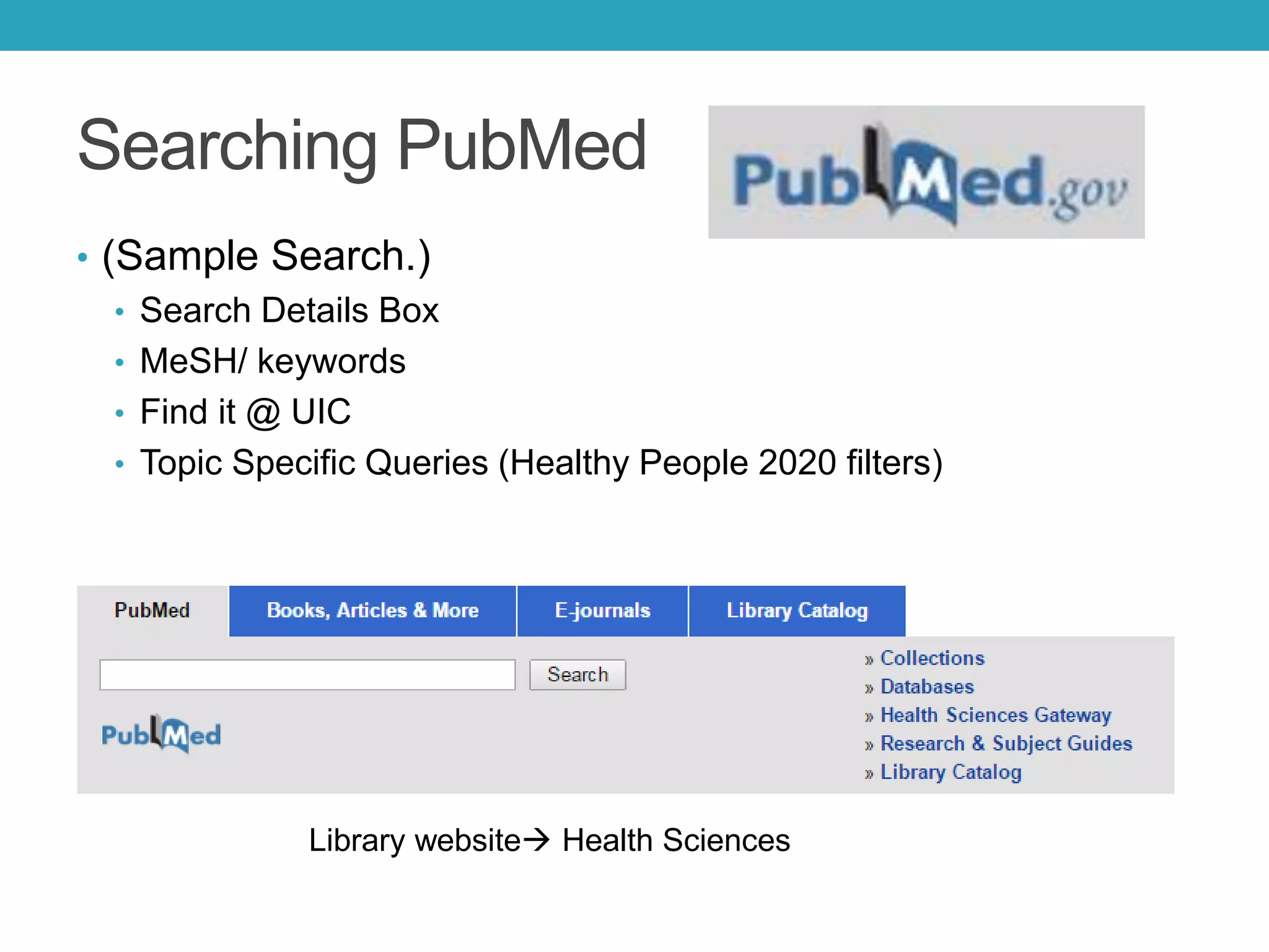Searching PubMed
• (Sample Search.)
• Search Details Box
• MeSH/ keywords
• Find it @ UIC
• Topic Specific Queries (Healthy People 2020 filters)
Library website Health Sciences
 