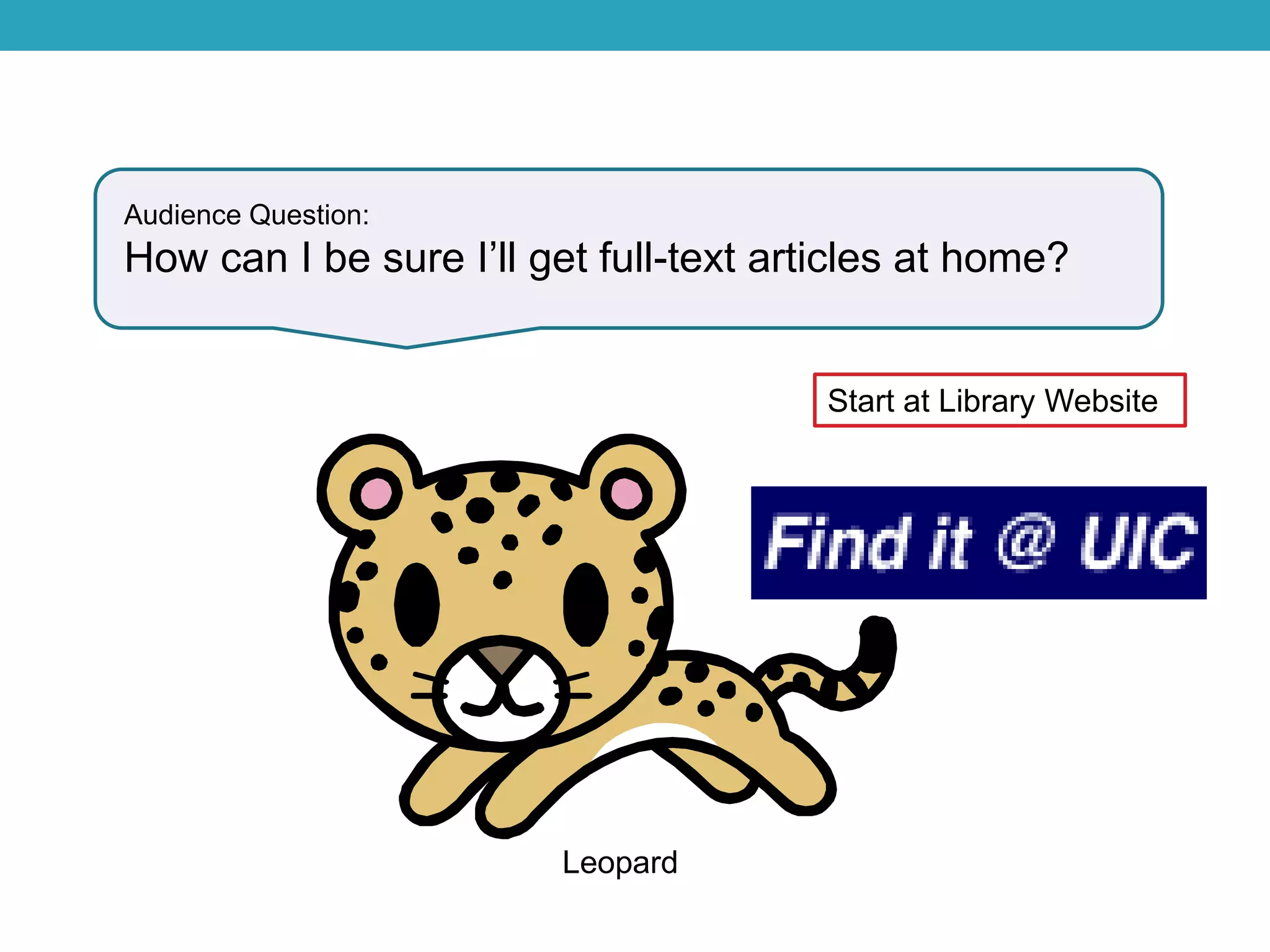 Audience Question:
How can I be sure I’ll get full-text articles at home?
Leopard
Start at Library Website
 