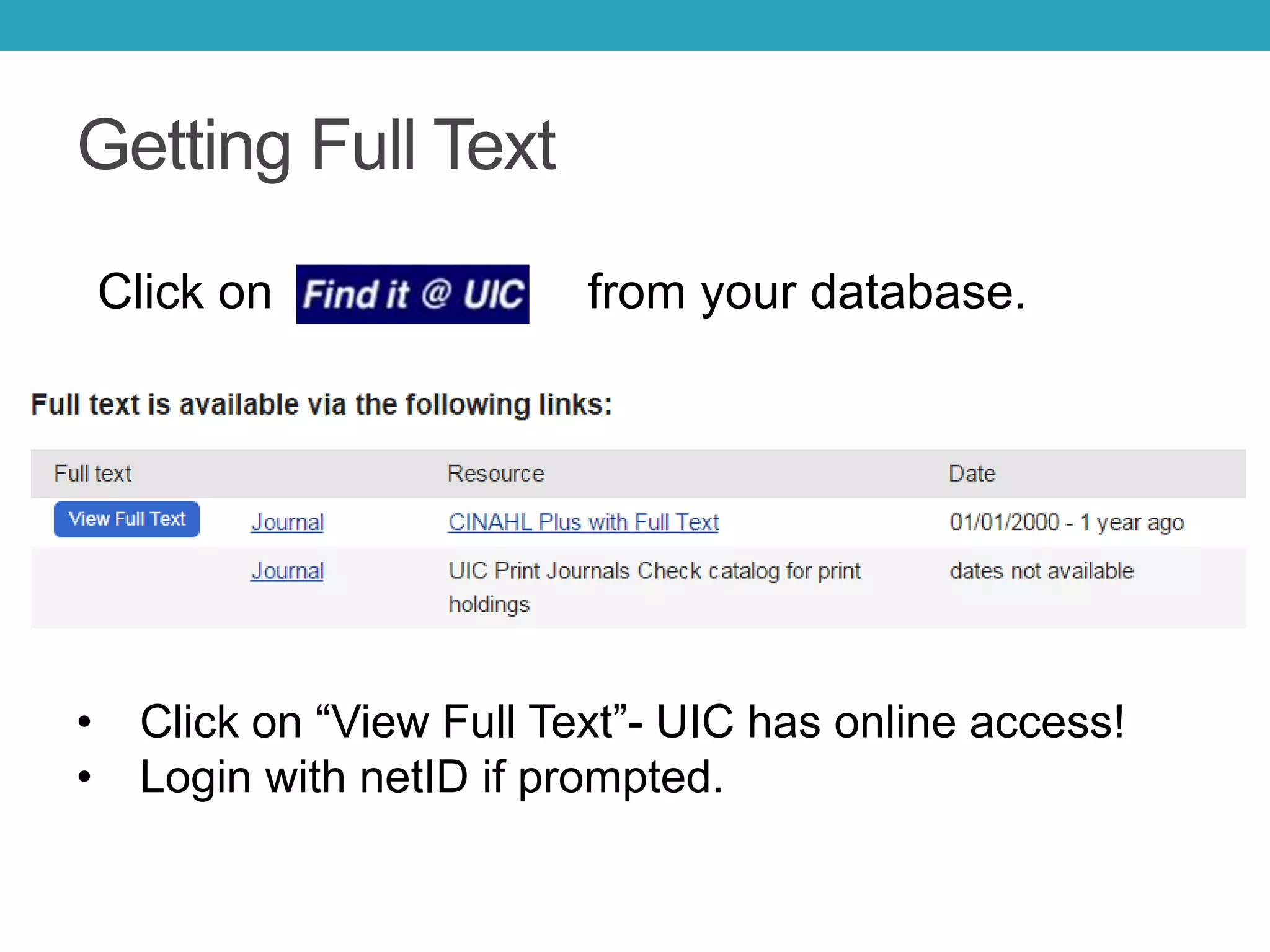 Getting Full Text
• Click on “View Full Text”- UIC has online access!
• Login with netID if prompted.
Click on from your database.
 