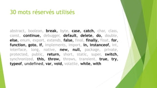 30 mots réservés utilisés
abstract, boolean, break, byte, case, catch, char, class,
const, continue, debugger, default, delete, do, double,
else, enum, export, extends, false, final, finally, float, for,
function, goto, if, implements, import, in, instanceof, int,
interface, long, native, new, null, package, private,
protected, public, return, short, static, super, switch,
synchronized, this, throw, throws, transient, true, try,
typeof, undefined, var, void, volatile, while, with
 